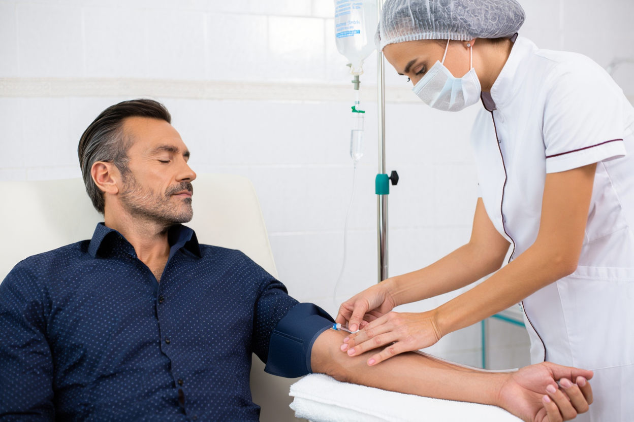 Медсестра ставит капельницу мужчине